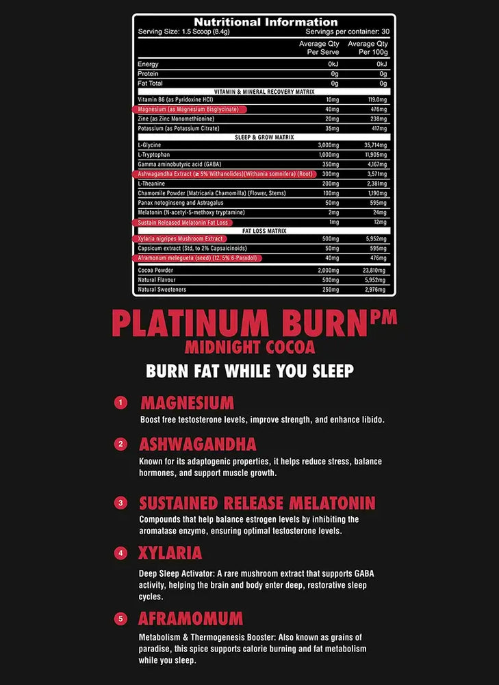 Platinum Burn PM ingredient list and nutritional information showing magnesium, ashwagandha, sustained-release melatonin, xylaria extract, and Aframomum for nighttime fat burning and deep sleep support.